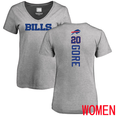 NFL Women Buffalo Bills #20 Frank Gore Ash Backer V-Neck T Shirt->nfl t-shirts->Sports Accessory